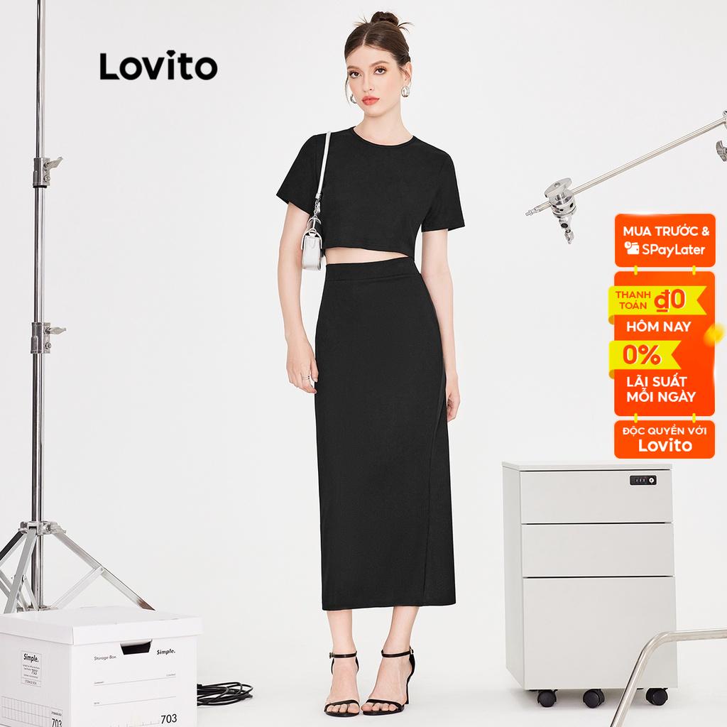 Set chân váy Lovito xẻ tà cơ bản màu trơn thanh lịch cho nữ L51ED154 (màu đen)