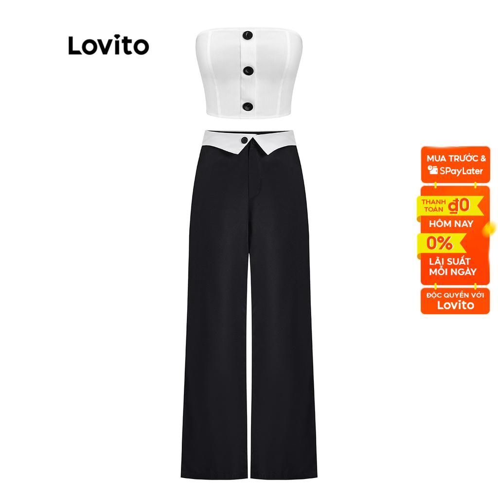 Set đồ Lovito với quần dài màu trơn vải gân phối nút phong cách thường ngày dành cho nữ L52AD105 (Áo/ Quần dài)