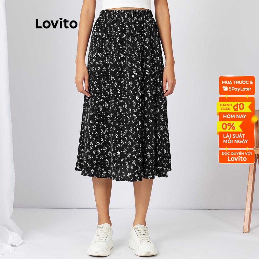 Lovito Giản dị Ditsy Floral A-line Thun eo Chân váy Midi L21AS032 (Đen)
