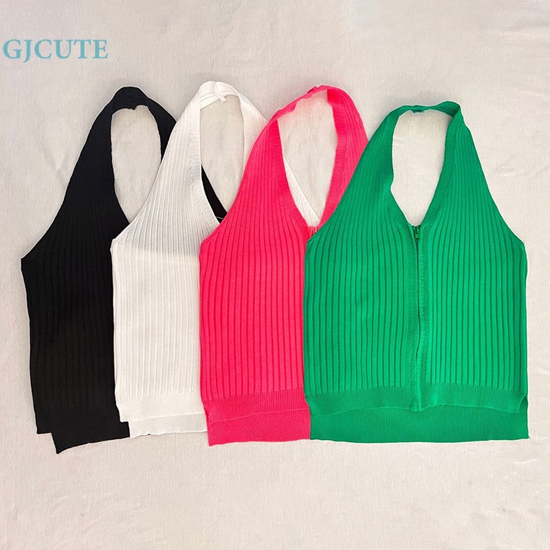 Gjcute Áo crop Top Hai Dây Cổ Chữ v Gợi Cảm Có Dây Kéo Màu Trơn Wd