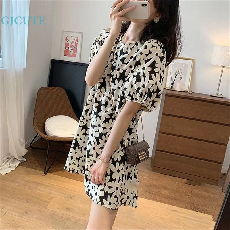 Gjcute Đầm mini Tay Phồng Ngắn Cổ Tròn In Hoa Thời Trang Mùa Hè 2023 Dành Cho Nữ