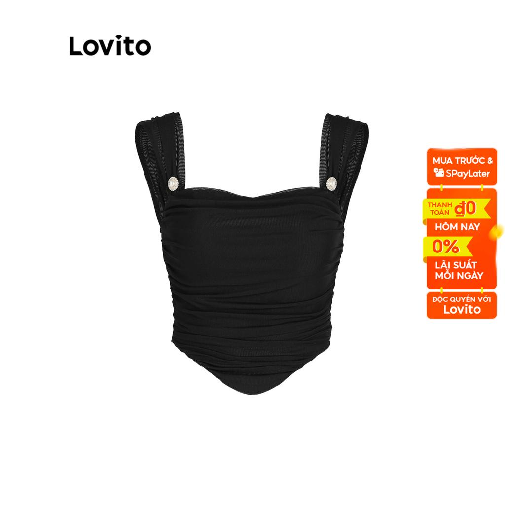 Áo tanktop Lovito màu trơn phối nút xếp nếp viền không đều phong cách thường ngày dành cho nữ L52AD005 (đen)