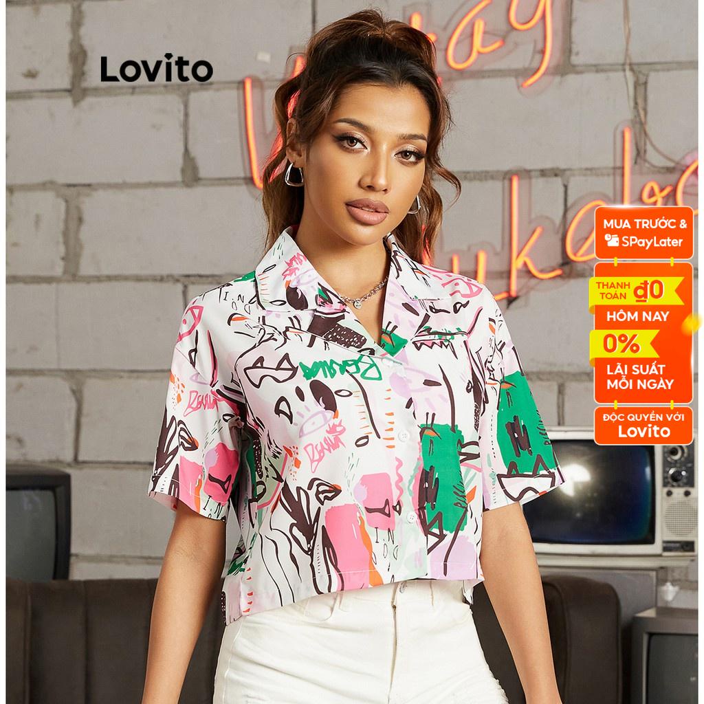 Áo croptop Lovito có cổ in họa tiết graffiti phong cách thể thao L16D086