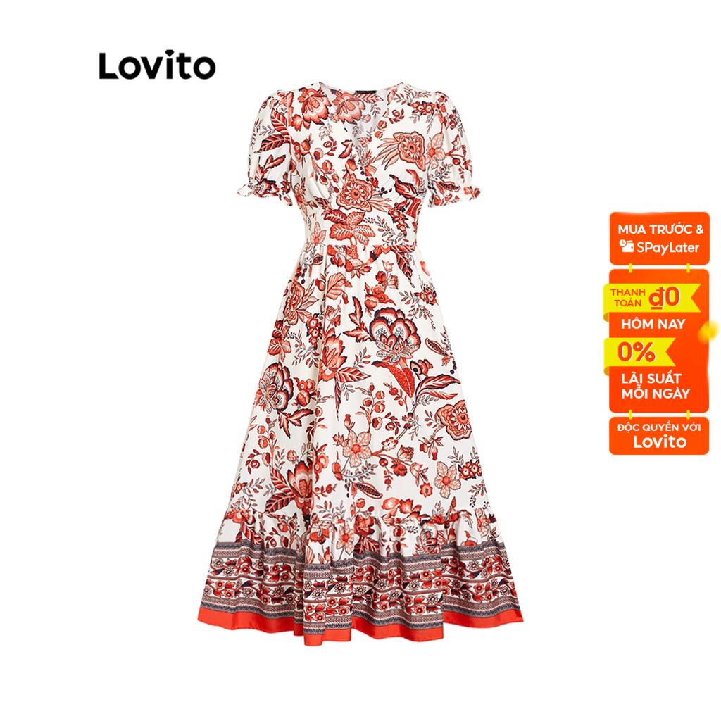 Đầm LOVITO midi viền xếp nếp tôn dáng cổ chữ V dáng chữ A họa tiết hoa phong cách boho cho nữ L45LD049 (màu đỏ cam)