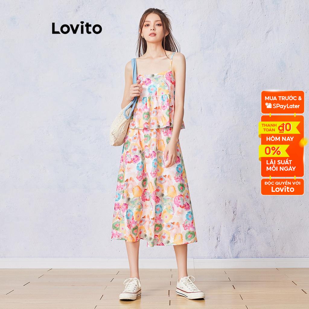 Lovito Bộ váy xếp nếp xếp tầng họa tiết hoa dễ thương cho nữ L55AD077 (Áo/Váy)