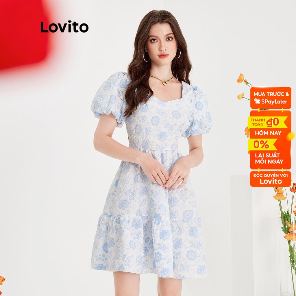 Đầm Lovito khóa kéo sau lưng tay phồng cổ vuông dệt họa tiết hoa thường ngày cho nữ L51ED128 (Màu xanh lam)