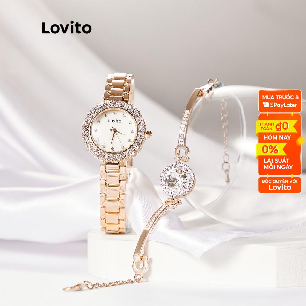 Set đồng hồ Lovito mặt tròn màu trơn trang trí kim cương nhân tạo phong cách thanh lịch LSP01006 