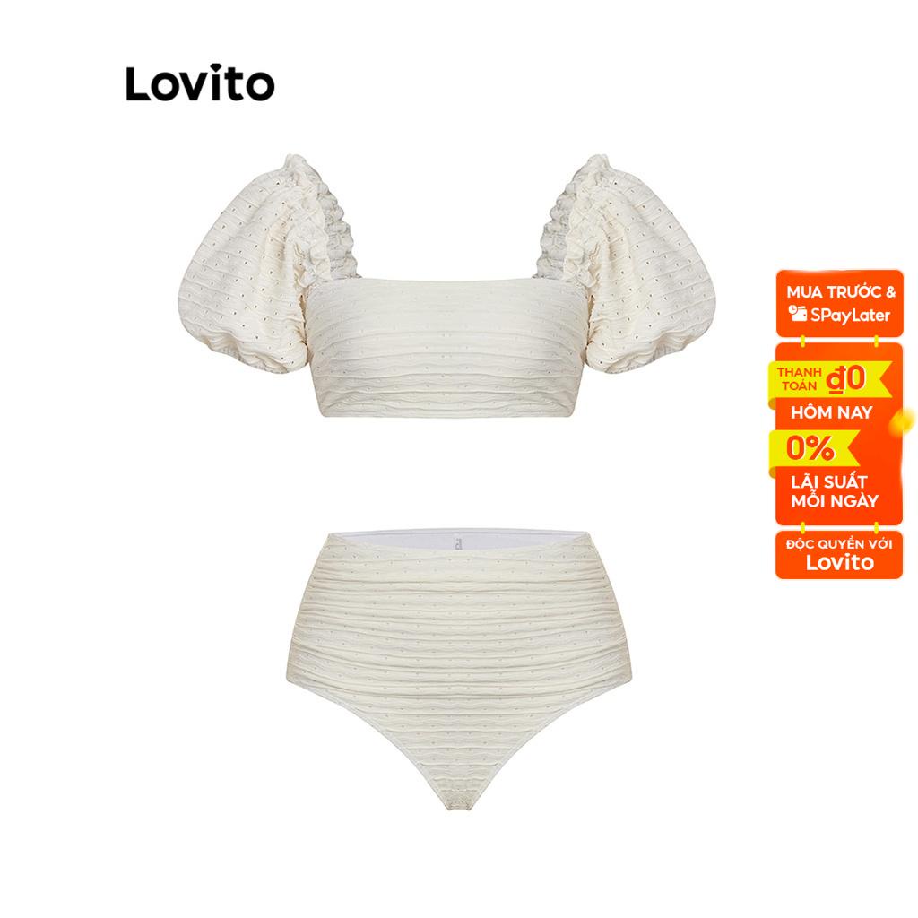 Bộ bikini Lovito tay phồng trễ vai đệm ngực có thể tháo rời viền nhún màu trơn dễ thương cho nữ L48AD004 (màu trắng ngà)