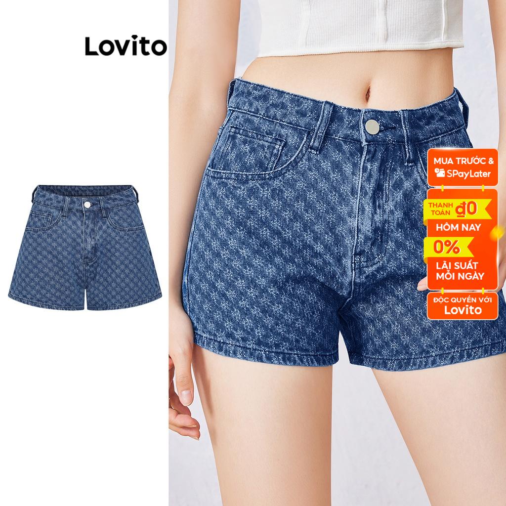 Quần short denim Lovito họa tiết hình học đơn giản thời trang thường ngày cho nữ L55AD102 (Xanh dương)