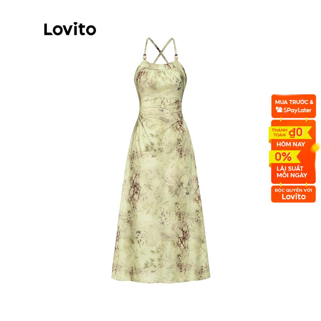 Đầm LOVITO phối dây kéo cắt xẻ họa tiết hoa thường ngày cho nữ L55AD054 (Màu xanh lá nhạt)