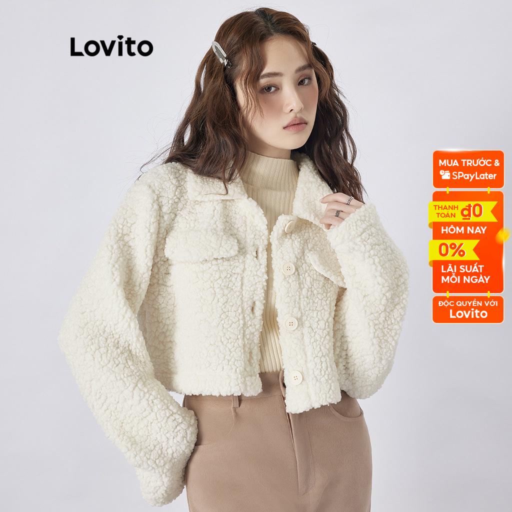 Lovito Áo khoác nữ có nút trơn phía trước Flap Teddy L39AD009 (Trắt trắng)