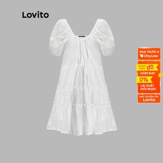 Đầm mini Lovito kiểu chữ A tay ngắn cổ V viền nhún bèo màu trơn thường ngày cho nữ L51ED114 (Màu trắng)