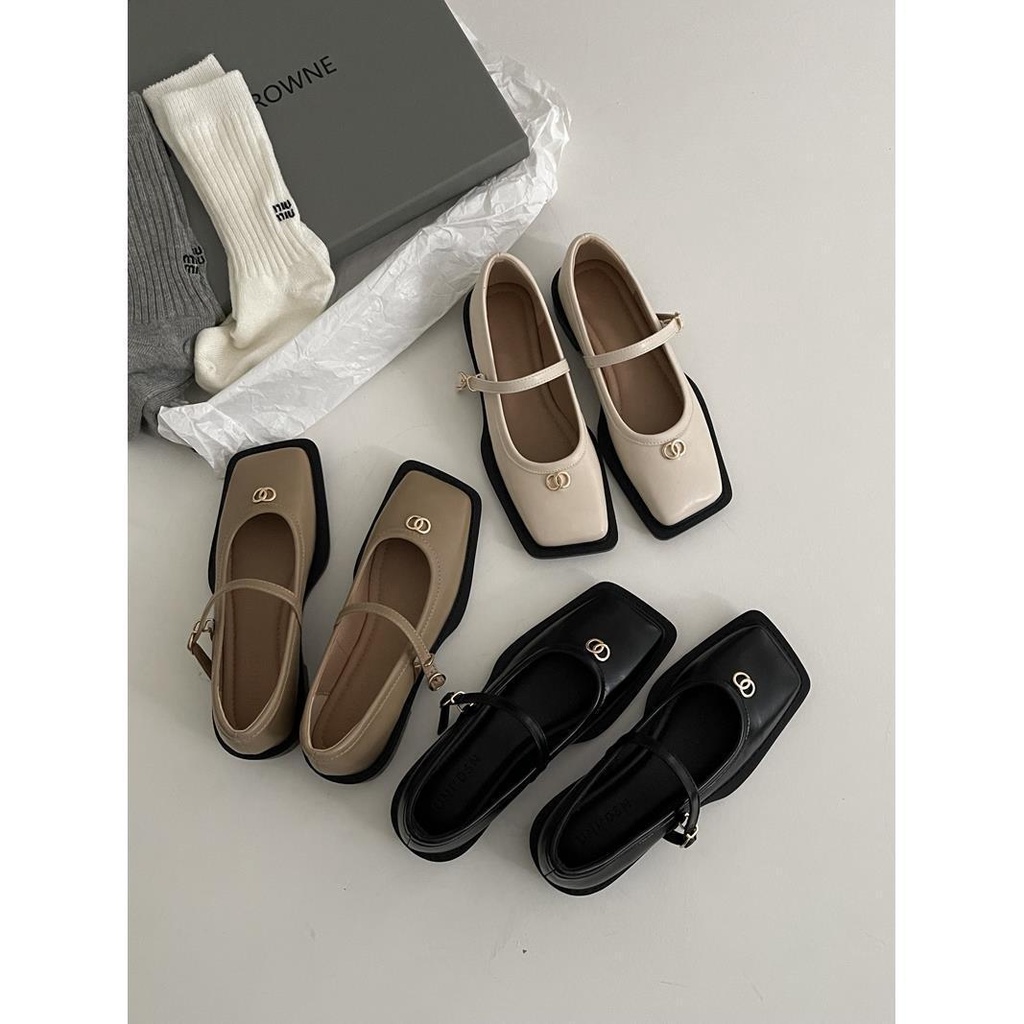 Giày Búp Bê Da Mũi Vuông Phong Cách vintage Pháp 2023 Cho Nữ