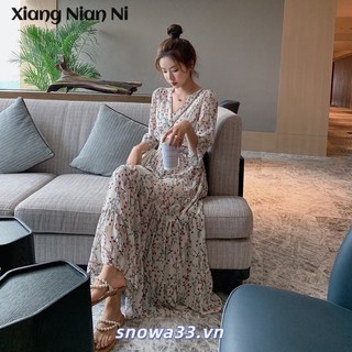 Xiang Nan Đầm Hoa Cổ Chữ v Dáng Dài Chiết Eo Thời Trang Mùa Hè Pháp