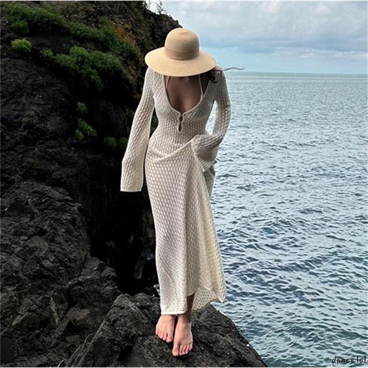 Đầm Dệt Kim Tay Dài Cổ Chữ v Khoét Sâu Màu Trơn Thời Trang Cho Nữ 1O1