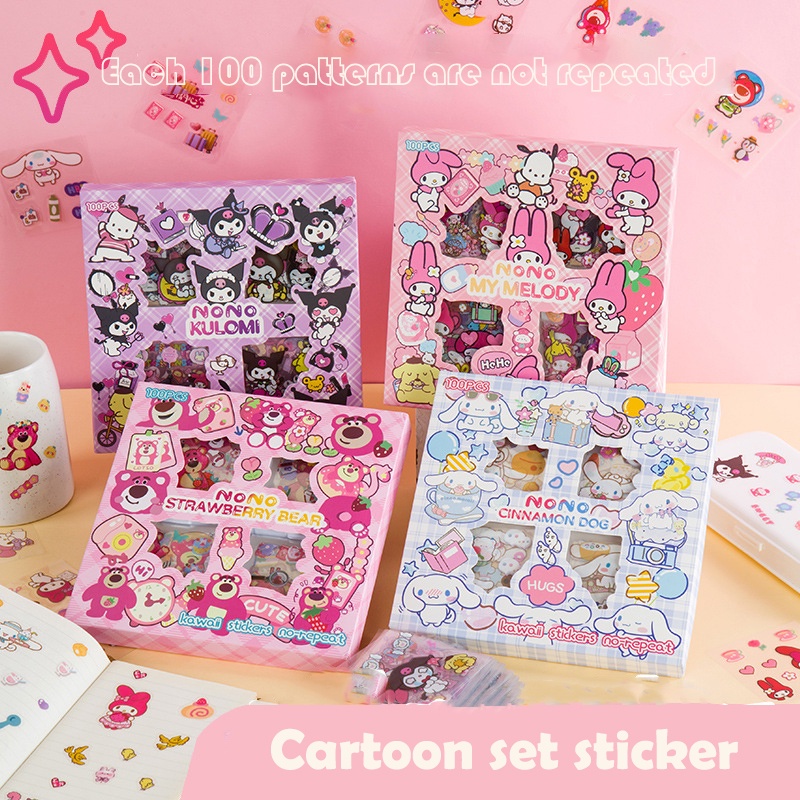 Set 100 sticker Dán Chống Thấm Nước Hình sanrio kuromi mymelody Dễ Thương