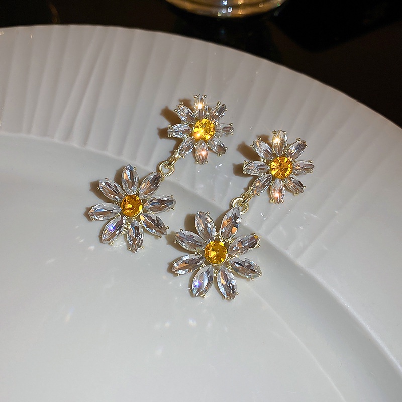 Bông Tai Mạ Bạc 925 Hình Hoa Đính Kim Cương Sang Trọng Phong Cách Hàn Quốc Cho Nữ
