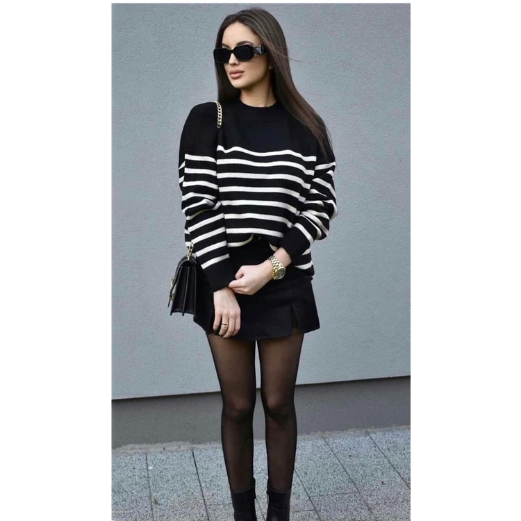 Zara Áo Dệt Kim Tay Dài Cổ Tròn Họa Tiết Kẻ Sọc Màu Tương Phản Thời Trang Thu Đông Cho Nữ 9667101