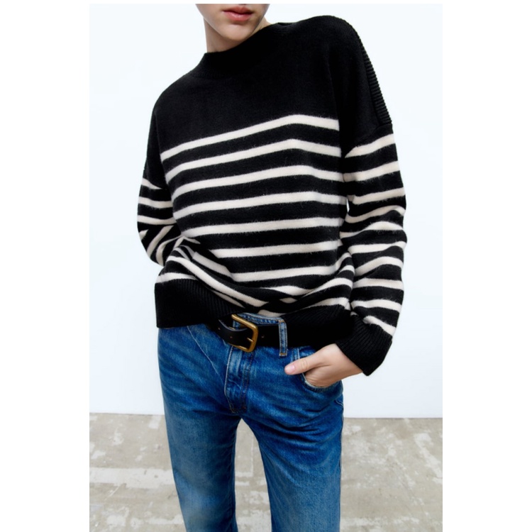 Zara Áo Dệt Kim Tay Dài Cổ Tròn Họa Tiết Kẻ Sọc Màu Tương Phản Thời Trang Thu Đông Cho Nữ 9667101