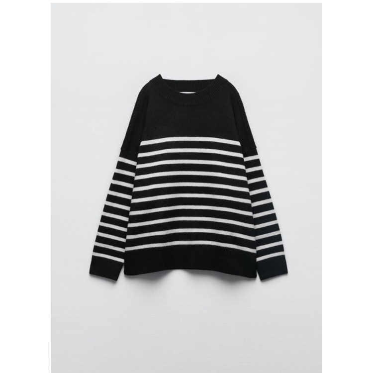 Zara Áo Dệt Kim Tay Dài Cổ Tròn Họa Tiết Kẻ Sọc Màu Tương Phản Thời Trang Thu Đông Cho Nữ 9667101
