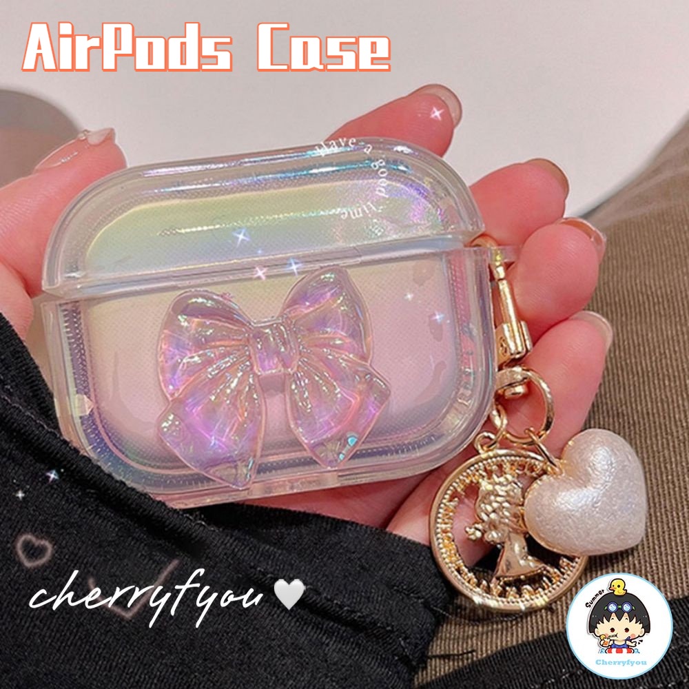 Vỏ Bảo Vệ Hộp Sạc Tai Nghe Bluetooth Airpods 1 / 2 / 3 / pro Bằng Silicon Cứng Trong Suốt Ánh Laser Hình Nơ 3D Dễ Thương