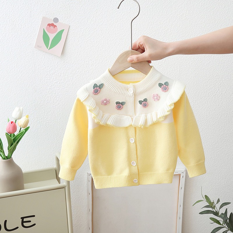 Áo khoác len Cardigan bé gái cao cấp, chất len dày dặn, giữ ấm tốt, họa tiết bông hoa xinh TE01