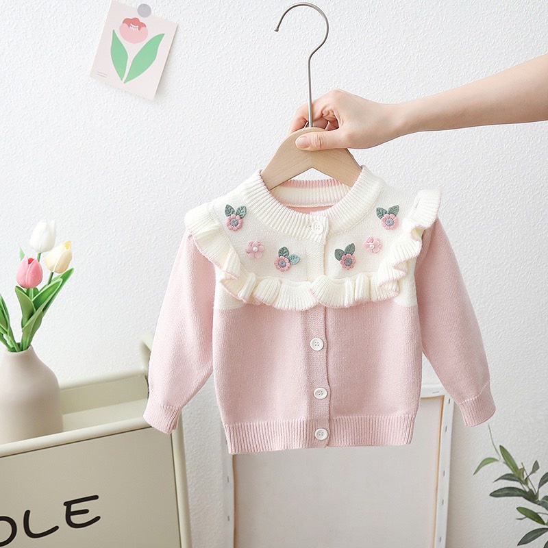 Áo khoác len Cardigan bé gái cao cấp, chất len dày dặn, giữ ấm tốt, họa tiết bông hoa xinh TE01