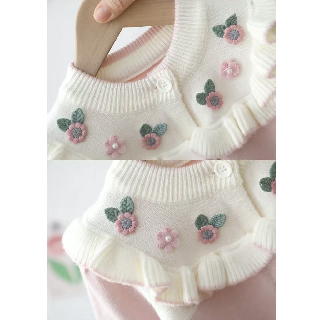 Áo khoác len Cardigan bé gái cao cấp, chất len dày dặn, giữ ấm tốt, họa tiết bông hoa xinh TE01