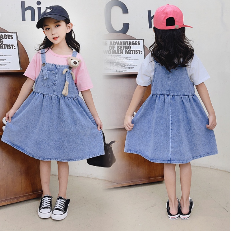 Bộ Áo Thun Tay Dài Kèm Váy Yếm denim 2 Món Thời Trang Hàn Quốc Dành Cho Bé Gái