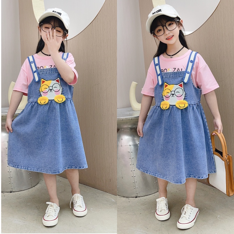 Bộ Áo Thun Tay Dài Kèm Váy Yếm denim 2 Món Thời Trang Hàn Quốc Dành Cho Bé Gái