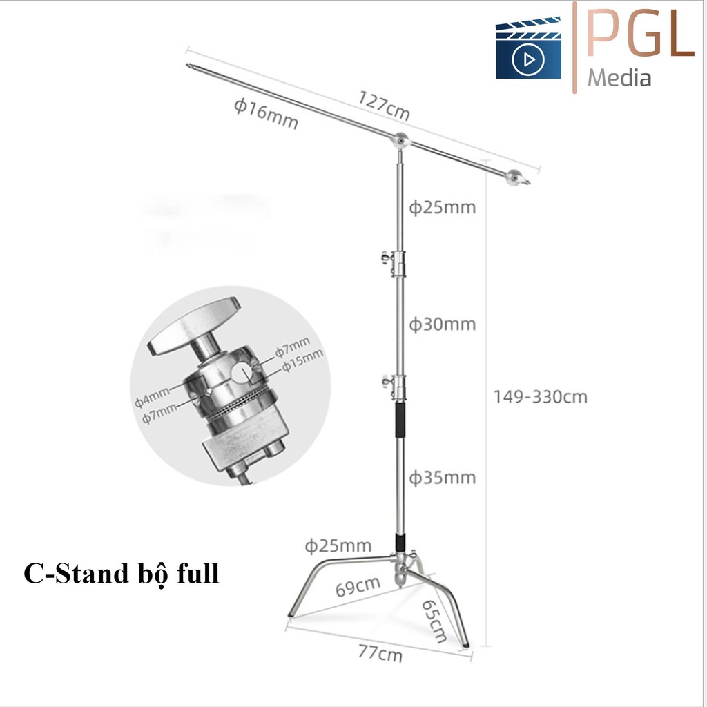 Chân đèn C-Stand 3m3 tải trọng 30kg, dùng cho các loại đèn quay phim và đèn studio cỡ lớn