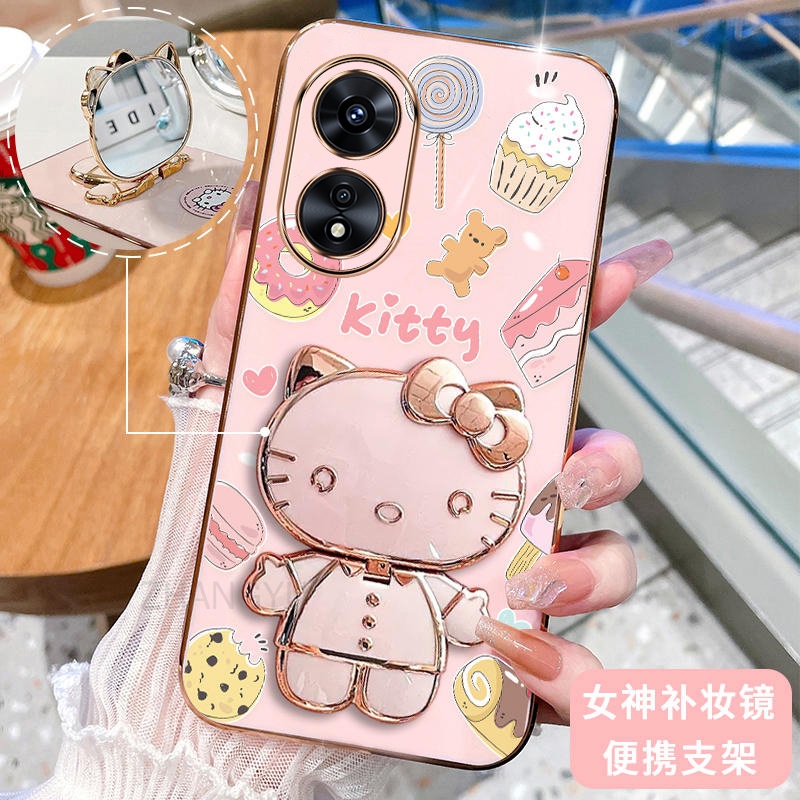 Ốp lưng OPPO A17 A18 A60 A98 5G OPPO RENO 8T Vỏ điện thoại silicon chống sốc thiết kế mới Mèo Hello Kitty có gương trang điểm Giá đỡ 3D di động và SoftCASE