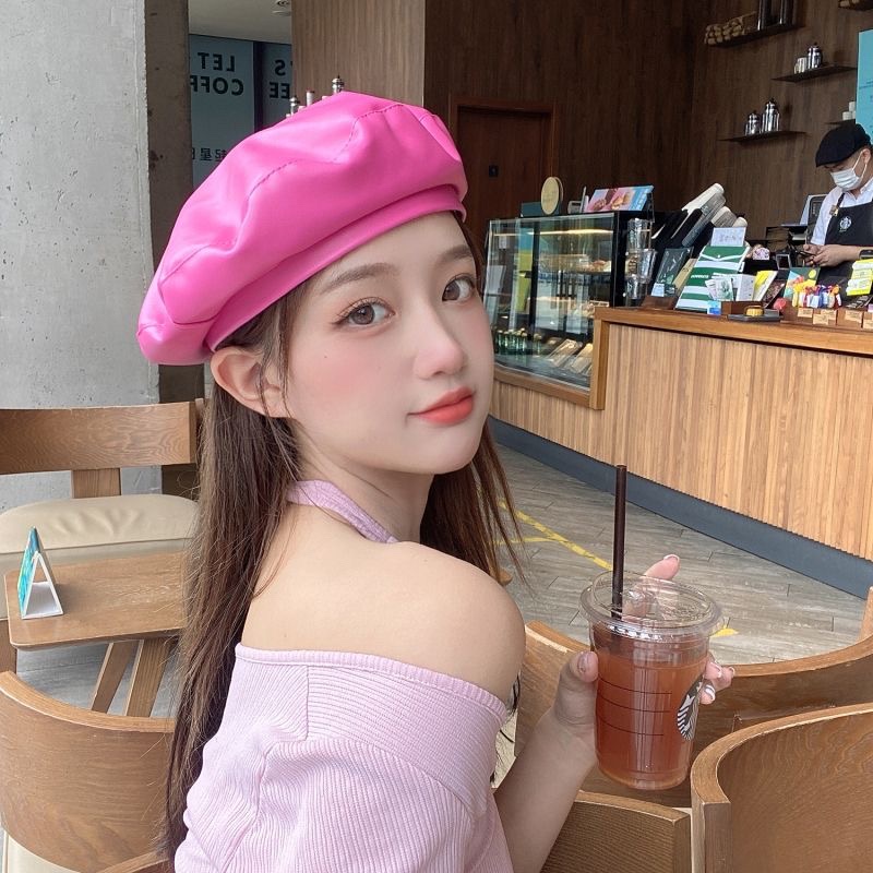 Mũ beret Da pu Màu Hồng Phong Cách retro Nhật Bản Thời Trang Mùa Hè Cho Nữ
