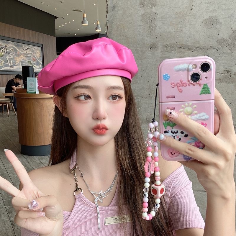 Mũ beret Da pu Màu Hồng Phong Cách retro Nhật Bản Thời Trang Mùa Hè Cho Nữ