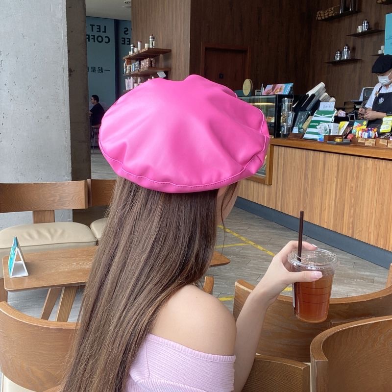 Mũ beret Da pu Màu Hồng Phong Cách retro Nhật Bản Thời Trang Mùa Hè Cho Nữ