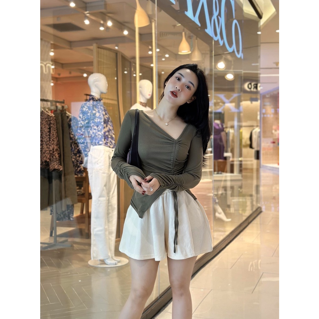 Áo thun rút dây 2 màu xanh nâu