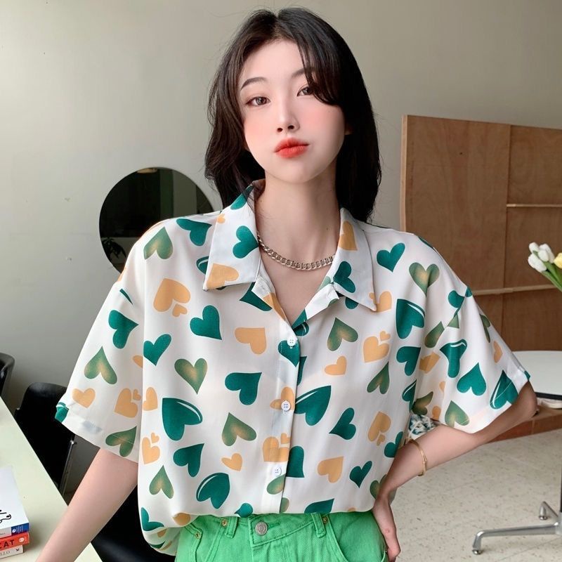 Áo Sơ Mi chiffon Tay Ngắn In Họa Tiết Trái Tim Thời Trang Mùa Hè Dành Cho Nữ