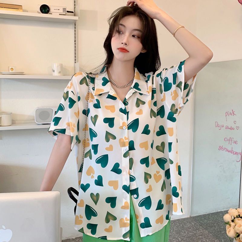 Áo Sơ Mi chiffon Tay Ngắn In Họa Tiết Trái Tim Thời Trang Mùa Hè Dành Cho Nữ