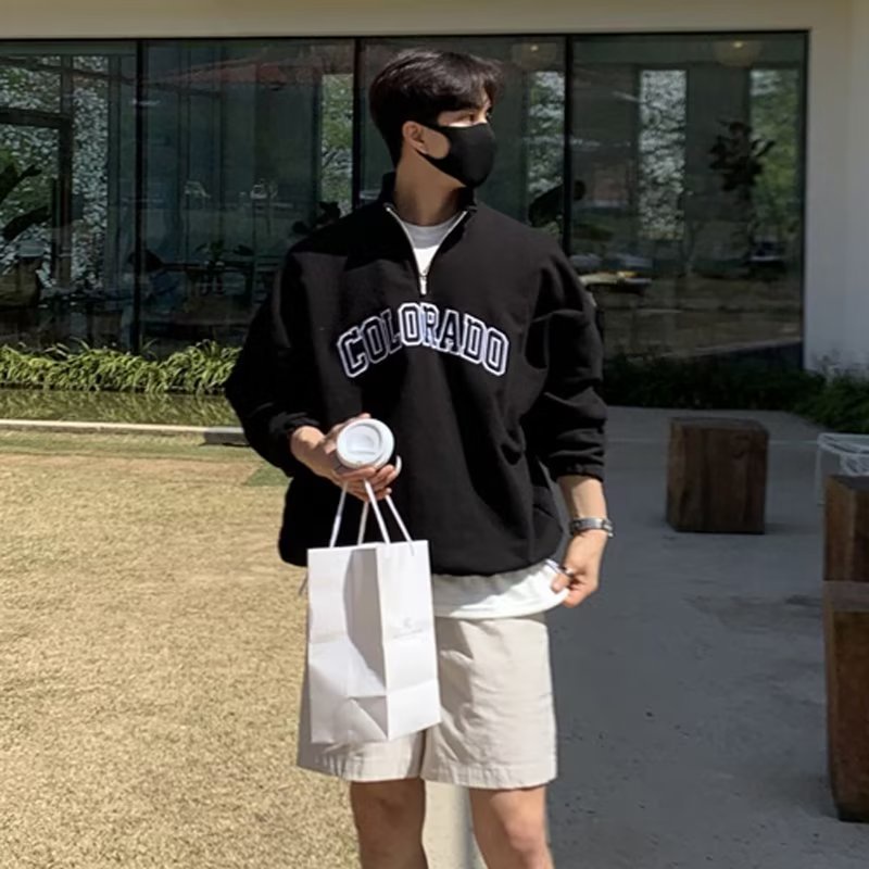 Magee Áo sweater Hàn Quốc Dáng Rộng Có Khóa Kéo Thêu Chữ Cao Cấp Đơn Giản Cho Nam