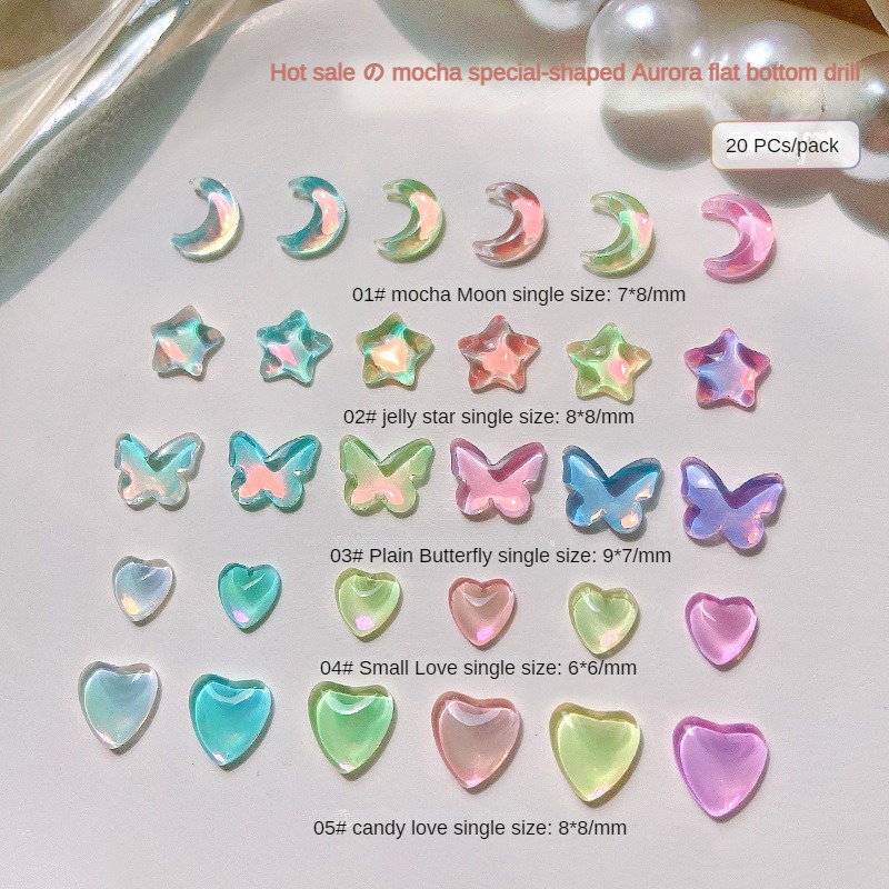 20 chiếc Trang sức kim cương bằng phẳng pha lê Mocha / Đồ trang trí móng tay hình trái tim màu Aurora hình trăng sao / Trang trí nghệ thuật móng tay nhiều màu đa năng