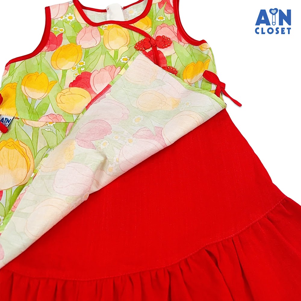 Áo dài váy bé gái họa tiết Tulip Đỏ cotton - AICDBGZZV72P - AIN Closet