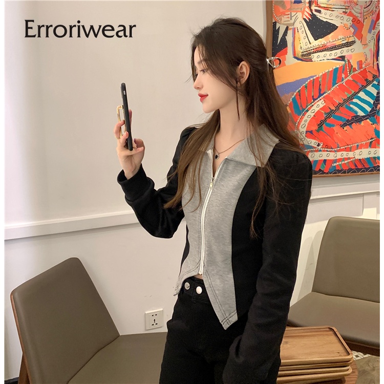 Áo cardigan ngắn Erroriwear tay dài màu tương phản thời trang 2023 cho nữ