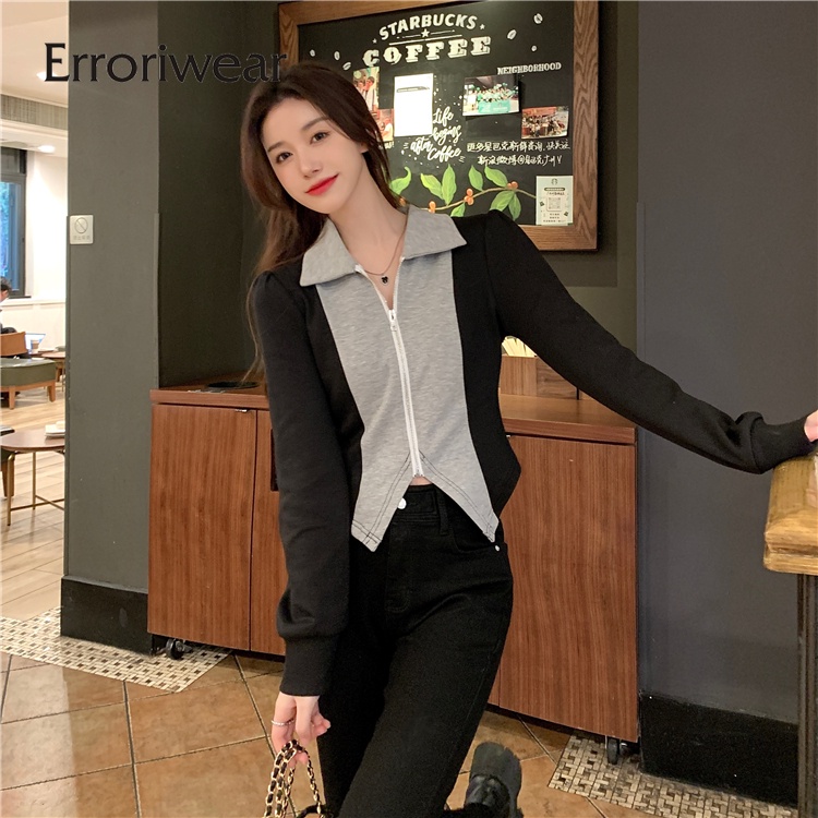 Áo cardigan ngắn Erroriwear tay dài màu tương phản thời trang 2023 cho nữ