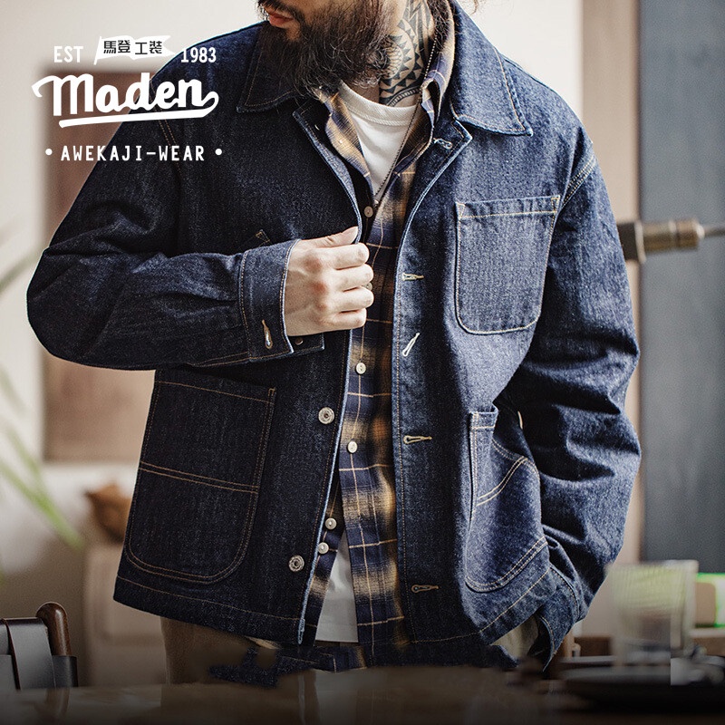 Maden Áo Khoác denim Nhiều Túi Phong Cách vintage Nhật Bản 2023 Cho Nam