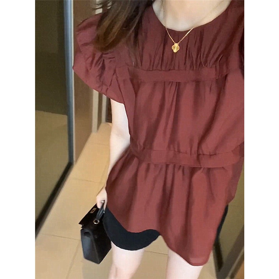 Áo Sơ Mi Cổ Tròn Tay Phồng Dáng Rộng Phong Cách Pháp Thời Trang Mùa Hè Dành Cho Nữ