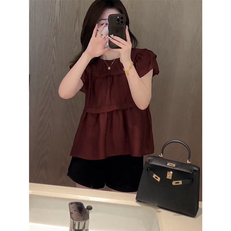 Áo Sơ Mi Cổ Tròn Tay Phồng Dáng Rộng Phong Cách Pháp Thời Trang Mùa Hè Dành Cho Nữ
