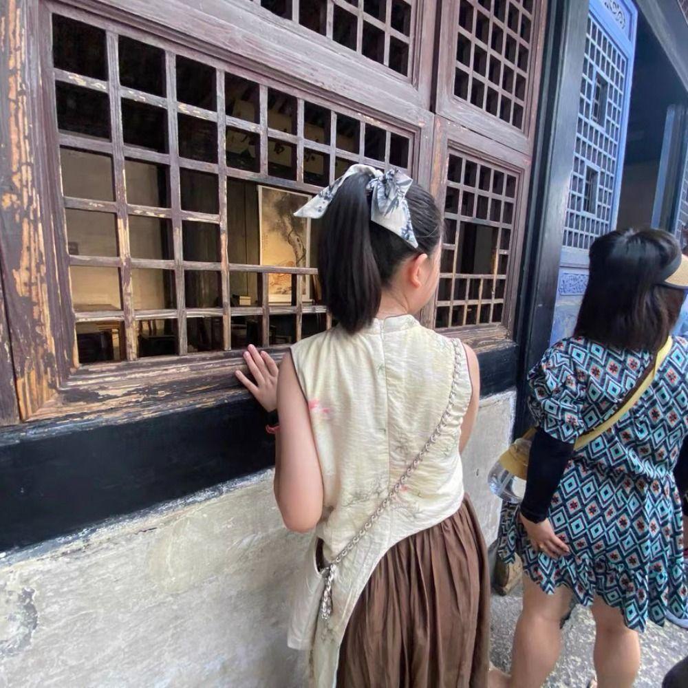 Dây Cột Tóc Ruy Băng Lụa Dài In Họa Tiết Đơn Giản Cho Nữ