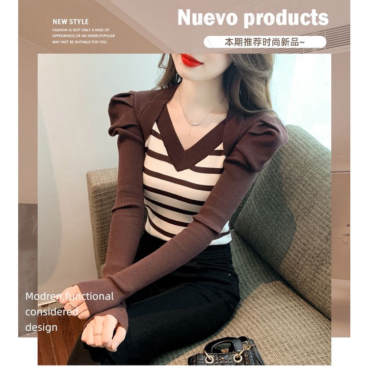 Áo Len Cổ Chữ v Tay Phồng Họa Tiết Kẻ Sọc Màu Tương Phản Phong Cách Phương Tây Thời Trang Thu Đông Dành Cho Nữ