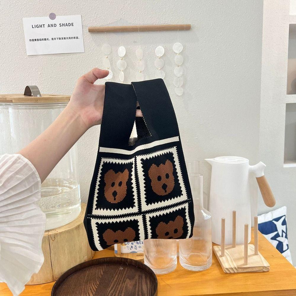 Fuzou Túi Xách Dệt Kim Hình Gấu Thắt Nút Đơn Giản Dùng Đi Mua Sắm Du Lịch