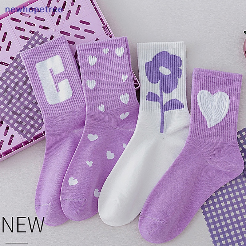 Nvn Vớ Thể Thao Thu Đông Bằng cotton Màu Tím Dòng Hình Trái Tim Bảng Chữ Cái Gấu Hoạt Hình Thời Trang Ngọt Ngào Cho Nữ Sồik